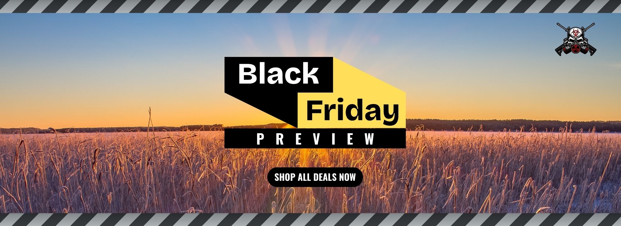 Winter sunrise over a field, graphic with text, Black Friday Preview, Shop All Sales Now