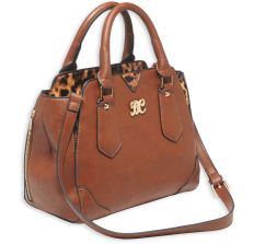 Bulldog Cases Satchel Purse Chestnut with Leopard Trim