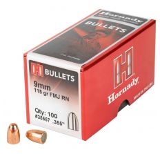 Hornady FMJ-RN 9MM .355 115GR Bullets -100CT